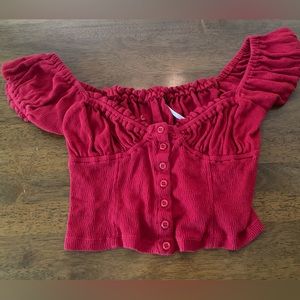 Free People Short Sleeve Red Button Down Crop Top